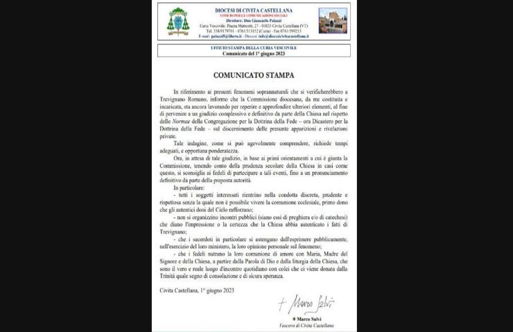 vescovo salvi comunicato apparizioni trevignano